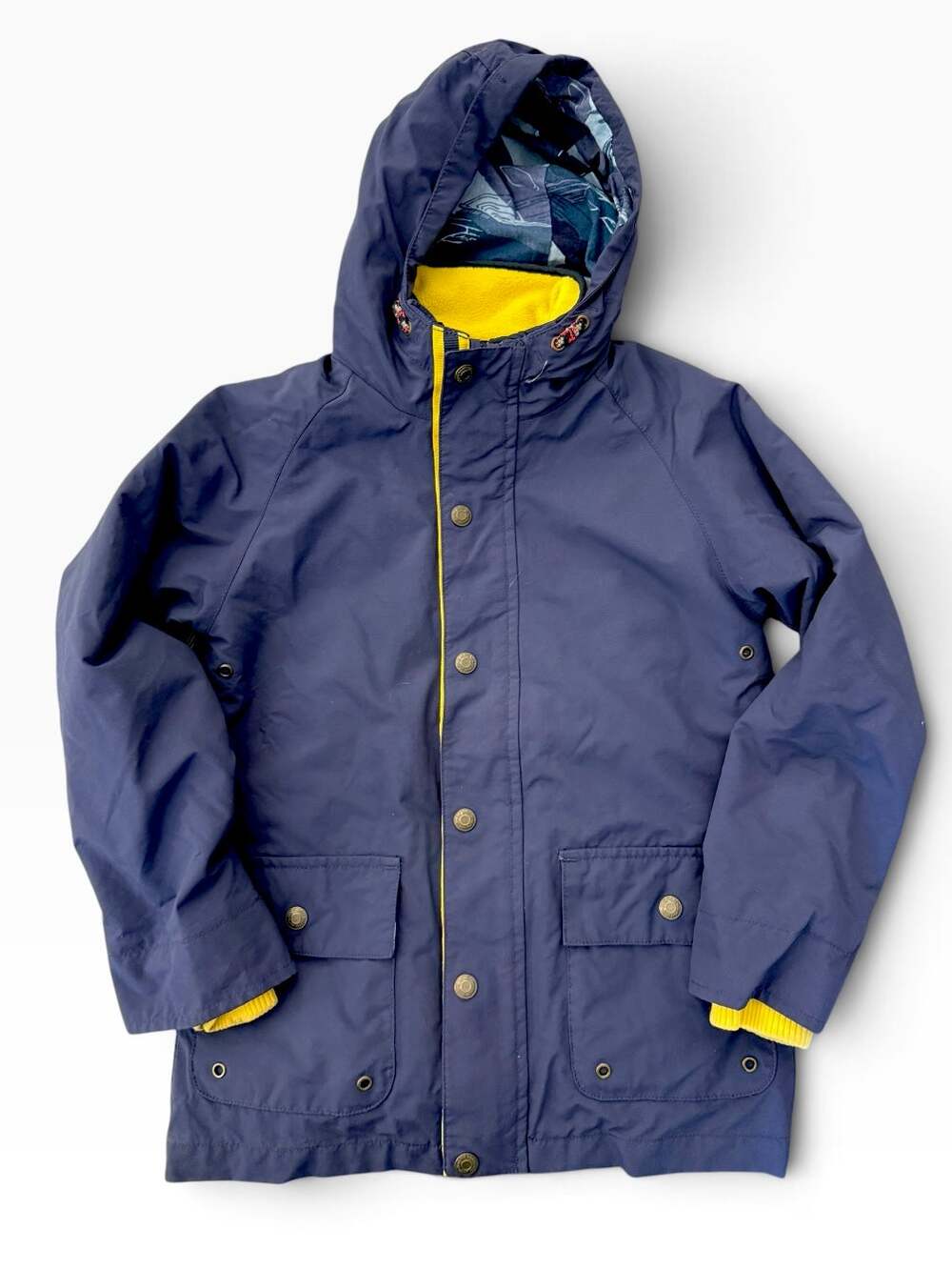 Mini Boden Boys Navy Blue Yellow Waterproof All-Weather Anorak Parka Jacket 7-8Y